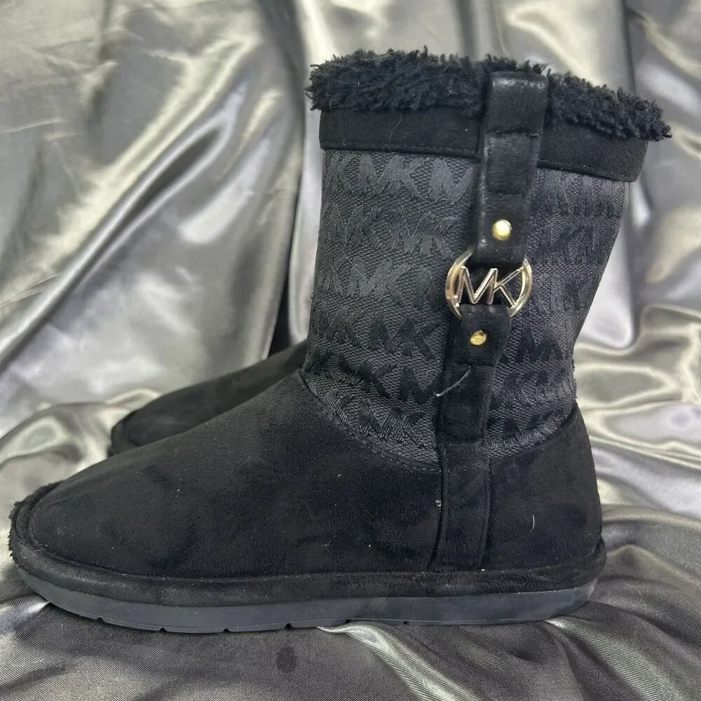 Michael Kors Yancy Faux‎ Fur Boots Booties Girls 13 Black / Gold MK Logo Winter